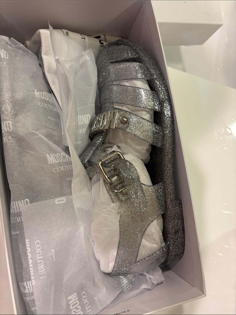 Moschino Glitter Strappy Jelly Sandals in Silver